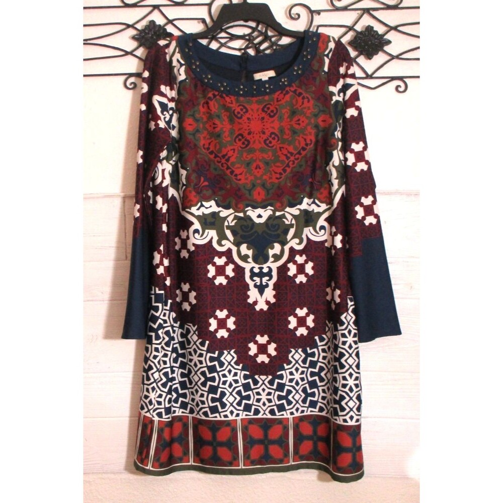 Halo Knit Dress Women's Size L Multicolored Geometric Long Sleeve Round neck